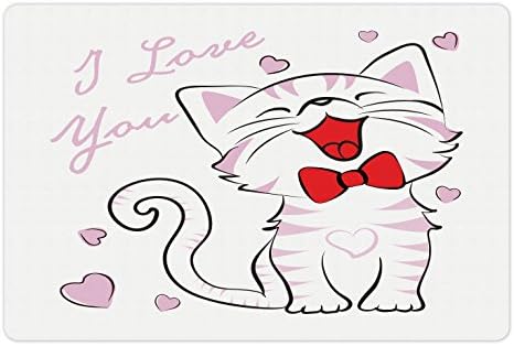 Lunable Mat Lover Pet Mat za hranu i vodu, vesela mačka sa lukom i volim te poruka srca radosna, pravokutni gumeni mat za pse i mačke, crno bijelo crveno blijedo ružičasto