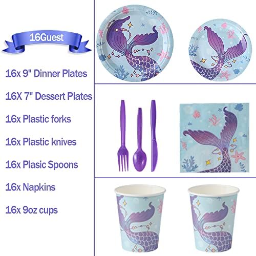 Mermaid rođendanske potrepštine i dekoracije Kit usluga 16 gostiju - papirni tanjiri, salvete, šolje, stolnjak,