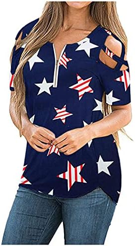 Američka zastava majica za žene Seksi zip V izreznice šuplje kratkih rukava TEE 2023 modne bluze