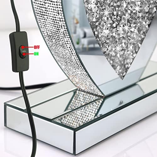 Zrcalna LED stolna lampa,kristalno dijamantsko srebro ogledalo u obliku srca, bež lanena pravougaona nijansa,