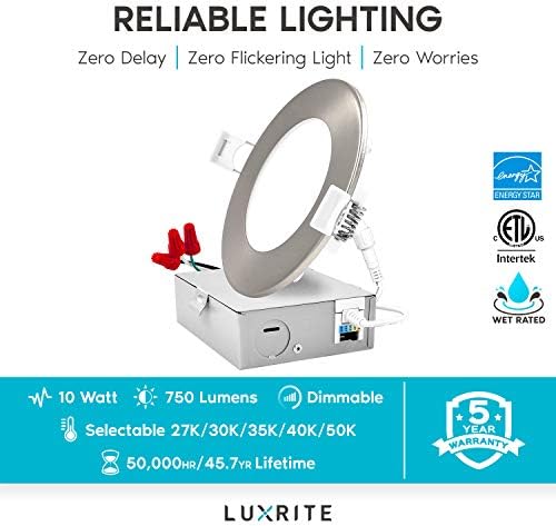 Luxrite 4 inčna ultra tanka LED ugradnja sa J-kutijom, 10W, 5 opcija boja 2700K | 3000K | 3500K | 4000K