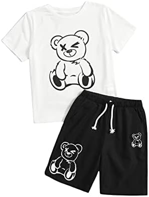SHENHE Boy's 2 Piece Outfits Cartoon Print kratka rukava majica i šorc Set