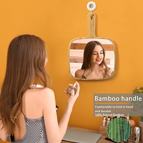 YEAKE ručno ogledalo, izuzetno veliko Prirodno bambusovo ručno ogledalo sa ručkom, jednostrano prijenosno