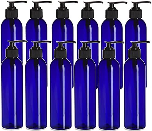 Prirodne farme 12 paketa - 8 oz - prazan stisak plastične boce - Cosmo plave boje s crnom pumpom - za esencijalna
