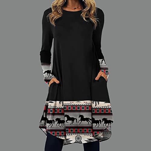 Jjhaevdy ženski retro modni casual tiskani okrugli vrat pulover labave haljine s dugim rukavima