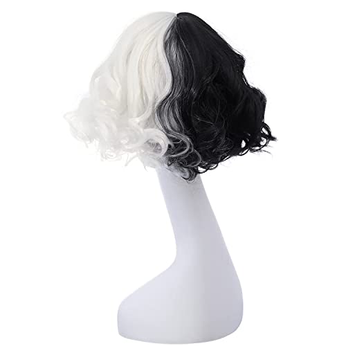 BERON Crna Bijela perika za Noć vještica ženska perika sa maskom za oči kratka kovrčava perika sa šiškama
