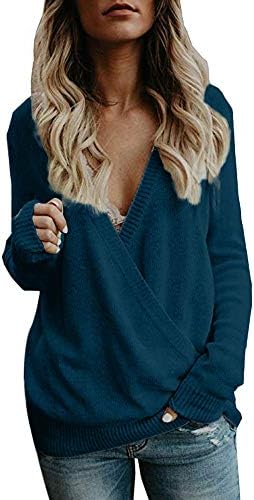 Topunder ženski džemper duks pleteni dugi rukav dubok V-izrez za omotač prednje obične bluze