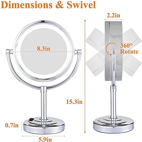 ONEMTB 8,5-inčno stolno ogledalo za šminkanje sa LED osvjetljenjem sa uvećanjem, dvostrano ogledalo za toaletni sto sa hromiranom završnom obradom, utikač na pogon, 3X