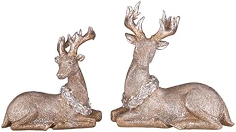 Zlatni ton blista sitni sjedeći jelen 7,5 x 5,5 smola božićna figurica set od 2