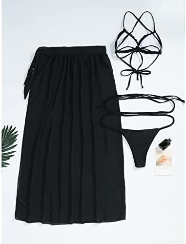 Žene Vezati 3 Komad Bikini Set Pertle Up Halter Šifon Cover Up Suknja Kupaćim Kostimima Strappy Ruched Kupaći