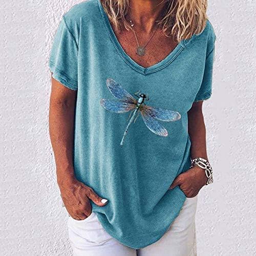 Žene Ljeto V izrez Majica Lagana labava casual vrhovi Kratki rukav Dragonfly Graphic Tees Bluzes