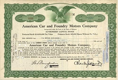American car and Foundry Motors Co. - Certifikat Zaliha