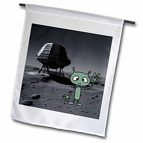 3drose slatki smiješni Marsovski vanzemaljac koji stoji na površini Mjeseca i svemirski brod Pun - zastave