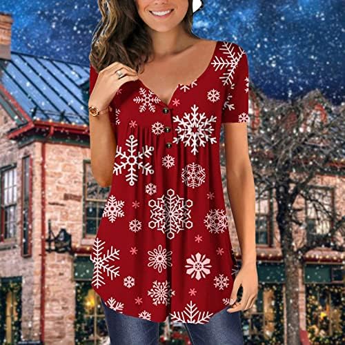 Ženska božićna snježna pahuljica T-majica kratki rukav V-izrez Tunic TOP sakrij trbuh labavu bluzu casual