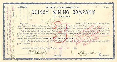 Quincy Mining Co. Michigan-Scrip certifikat