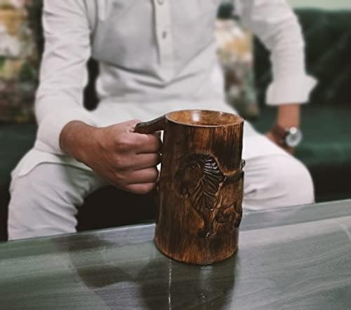 Ručno rezbareni antički smeđi lav dizajn drvena kafa rustikalni pištolj tankarda za piće čaj za pivo pivo