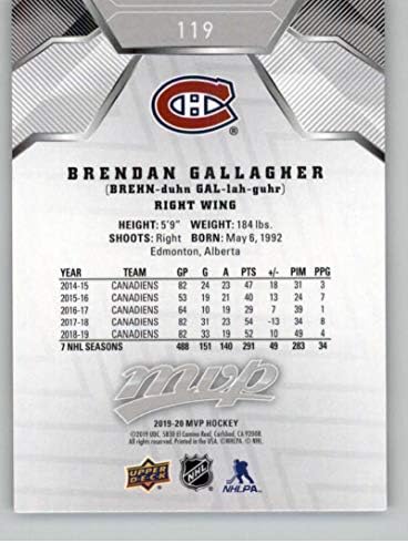 2019-20 Gornja paluba MVP Srebrna skripta 119 Brendan Gallagher Montreal Canadiens NHL hokejaška trgovačka