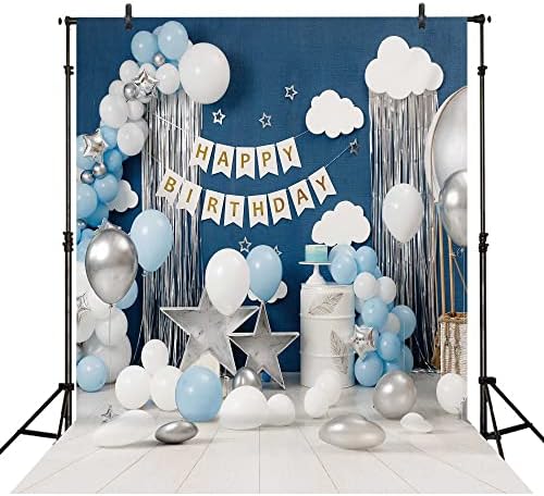 Imirell Happy Birthday Backdrop 5Wx7H Feet Blue White Silver Balloon Cloud Stars Prince Wood Floor Kids