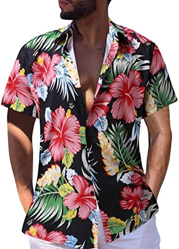 Beuu Muške havajske majice, ljetni kratki rukav tropski cvjetni gumb za ispis prema dolje opušteno fit rever