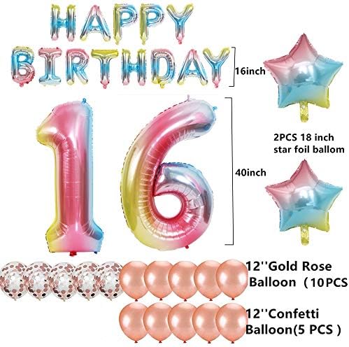 16. rođendan ukrasi - broj 16 balon - 40 inča Rainbow gradijent šarene velike veličine broj folije helijumske