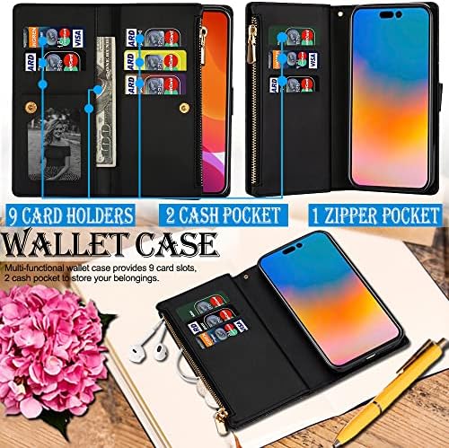 KUDEX za iPhone 14 Pro novčanik slučaj, 9 držač kartica nosač Bling Glitter koža Magnetic Zipper torbica