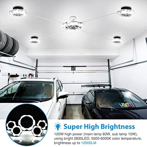 Coaecj 120W Garažna svjetlost okrugla 5-glava rasvjeta, svijetlo LED garažno svjetlo, LED žarulje za štalu