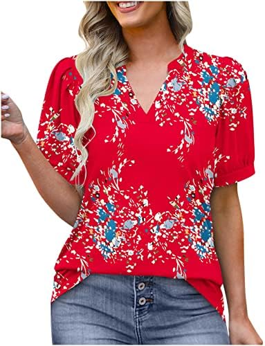 Cvjetni tiskani vrhovi za žene, ženska majica s V-izrezom Ljetni casual bubble rukavi grafički tees kratki