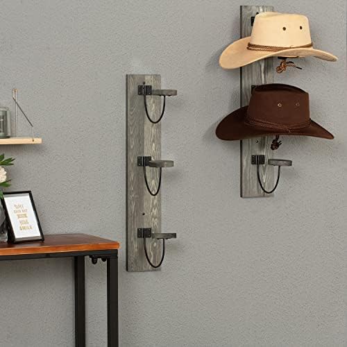 MyGift zidni Crni metalni žičani vertikalni stalak za šešir sa Vintage sivom podlogom od punog drveta, zidni