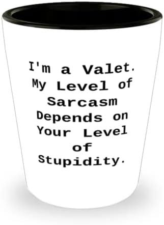 Ja sam Valet. Moj nivo sarkazma ovisi o vašem nivou gluposti. Shot Glass, Valet keramička čaša, jedinstveni