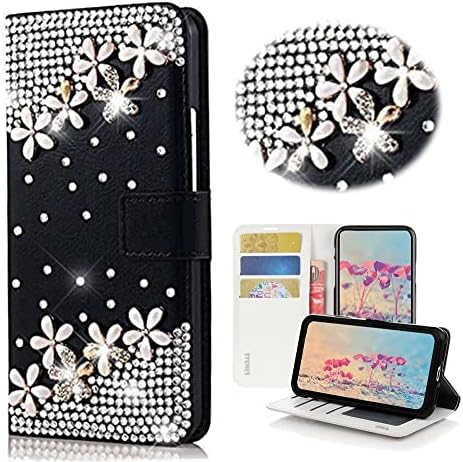 STENES Bling Wallet futrola za telefon kompatibilna sa Samsung Galaxy S23 Plus - Stylish-3D ručno rađeno cvijeće kožna navlaka cvjetnog dizajna sa vezicom za vrat & zaštita ekrana-Crna