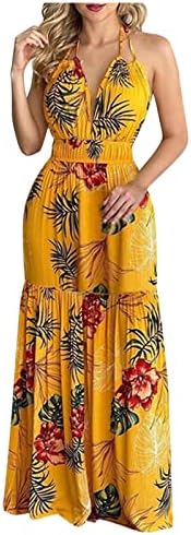 Wpoumv ljetne žene casual maxi haljine cvjetni print haljder trendy bez rukava V izrez za remen za rezanje