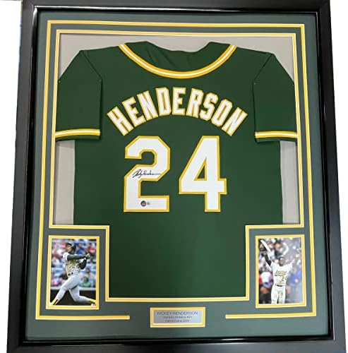 Uokvireni autogramirani / potpisan Rickey Henderson 33x42 Oakland zeleni bejzbol dres Beckett bas COA