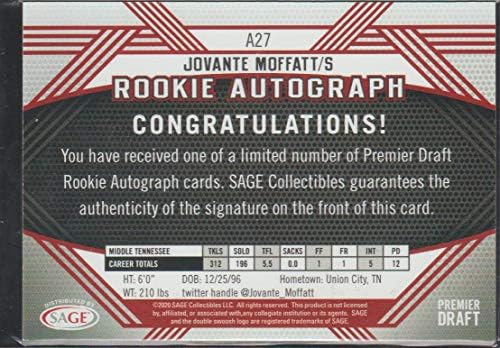 2020 Sage Hit Premier Nacrt Autograph Crveno A27 Jovante Moffatt Auto srednji tennessee Blue Raiders Pre-Rookie