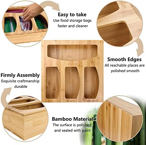 Bamboo ziplock torba organizator i dozator za kuhinjske ladice, pogodan za galon, Quart, sendvič & Snack,