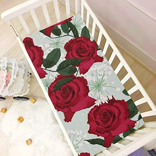 Alaza Crvena ruža cvijeće Bijelo bilje za cvjetne krevetiće na bassinet list za dječake Djevojke za djecu, mini veličine 39 x 27 inča