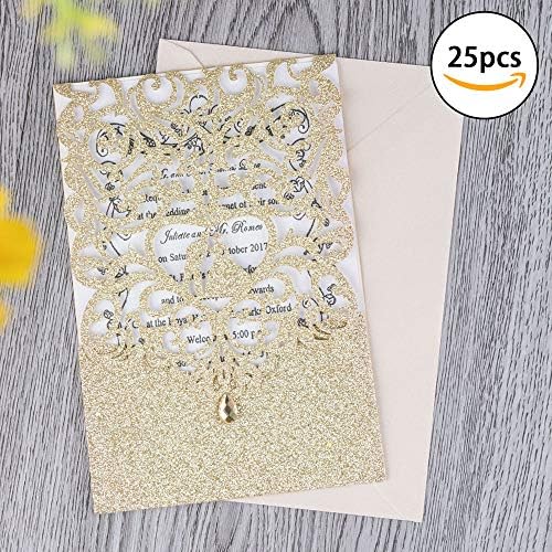 Lasersko izrezane pozivnice za vjenčanje sa kovertama sa praznim papirom za štampanje - 25kom Gold Glitter