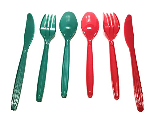 Set plastičnog pribora za jelo za teške uslove rada-crveni i zeleni-96 ct - 32 kašike, 32 viljuške, 32 noža