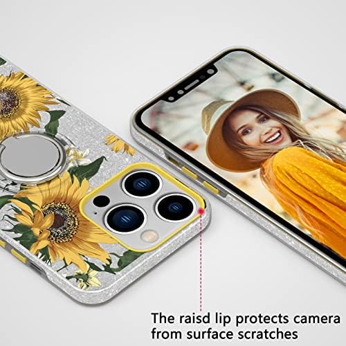 Hosgor iPhone 13 Pro Max Sparkly Case s prianjanjem prstiju, bistri bling Wild Cvijeće za žene, magnetski