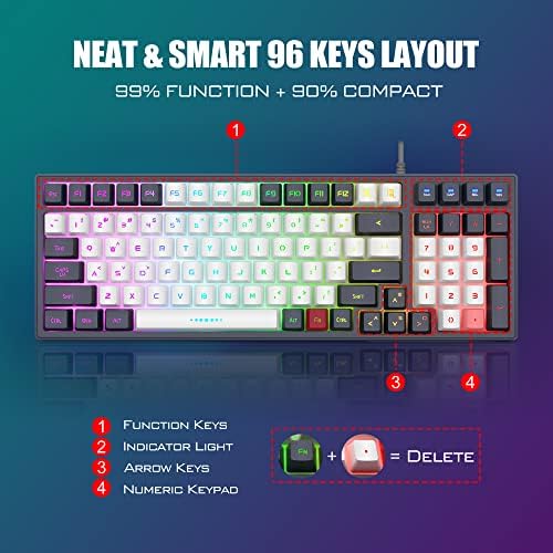 RedThunder K96 RGB tastatura za igre, kompaktnih 96 tastera Tastatura sa mehaničkim osećajem, bele i sive
