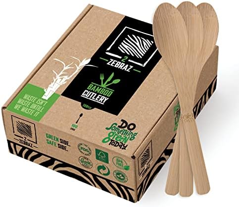 2zbraz bambusov Set pribora za jelo - 100 viljuški, 100 noževa, 100 kašika, glatko Bambusovo srebro za višekratnu upotrebu, Kompostabilno i izdržljivo posuđe za jednokratnu upotrebu, ekološki prihvatljivo posuđe u Premium kutiji