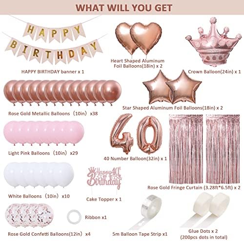 40. rođendan ukrasi za žene - Rođendan za rođendan Rođendu, ružin zlatni balonski luk, baner, folirane zavjese,