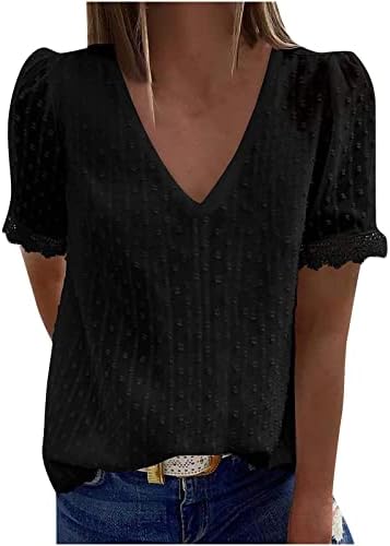 Ženska ljetna bluza V izrez čipke Crochet Casual Labavi kratkih rukava švicarski dot udobne majice