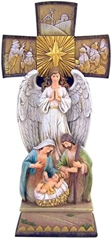 Stojeći porođaj križa s anđelom i svetim obiteljskom smolom božićne figurice, 14 inča