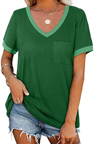 Top teen Girls Jesen Ljeto kratki rukav pamuk dubok V izrez Patchwork Brunch bluza TEE za žene sa džepovima