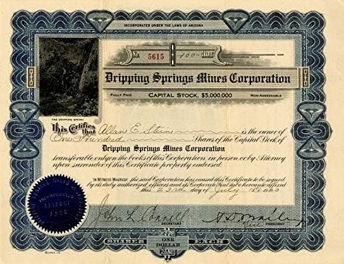 Dripping Springs Mines Corporation-Certifikat Zaliha