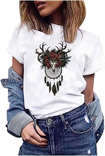 Ugodna modalna majica za žene zapadno etničko stil Antelope Grafički vintage vrhovi šareni cvjetni print Crewneck Opremljena bluza