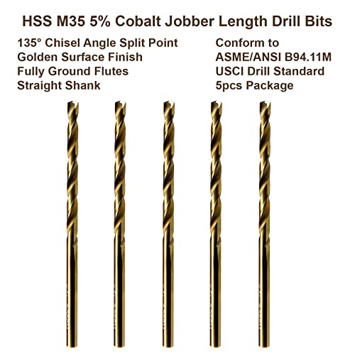 MaxTool br.21 5pcs Identična duljina posla Bušilice DIA 0,159 HSS M35 Cobalt Twist bušilice sa žicom mjerača