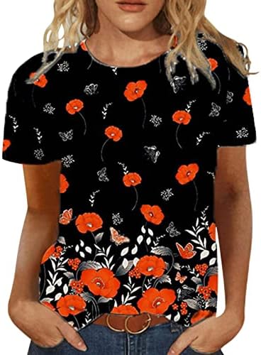 Ženski vrhovi i bluze plus veličina, ženski okrugli vrat cvjetni ispis labav kratki rukav majica gornje