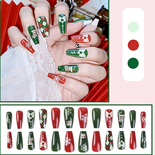Božić Press na noktima dugo crveno zeleno Buffalo Plaid lažni nokti Coffin lažni nokti dizajn Božić umjetni