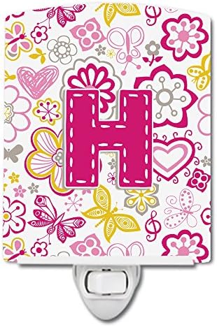 Caroline's Treasures CJ2005-HCNL Letter H Flowers and Butterfly Pink Ceramic Night Light, Compact, UL-Certified,